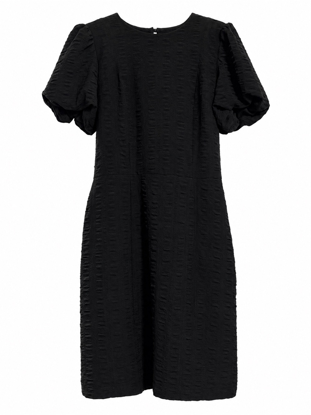 DownEast Black Puff-Sleeve Textured Puckered Dress